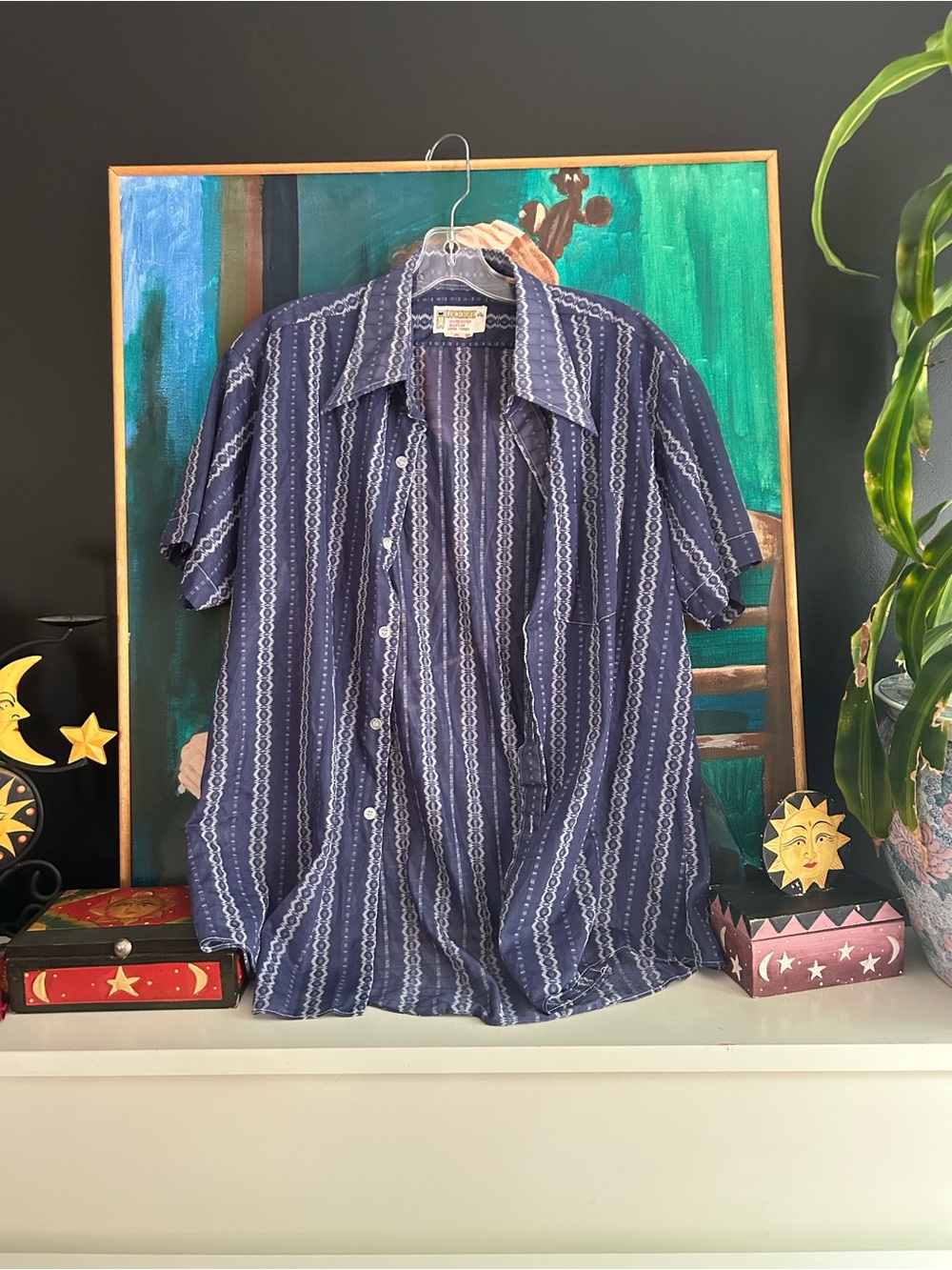 Vintage Lucerne Korea Men’s 16-16.5 Blue Geometric Stripe Short Sleeve Shirt